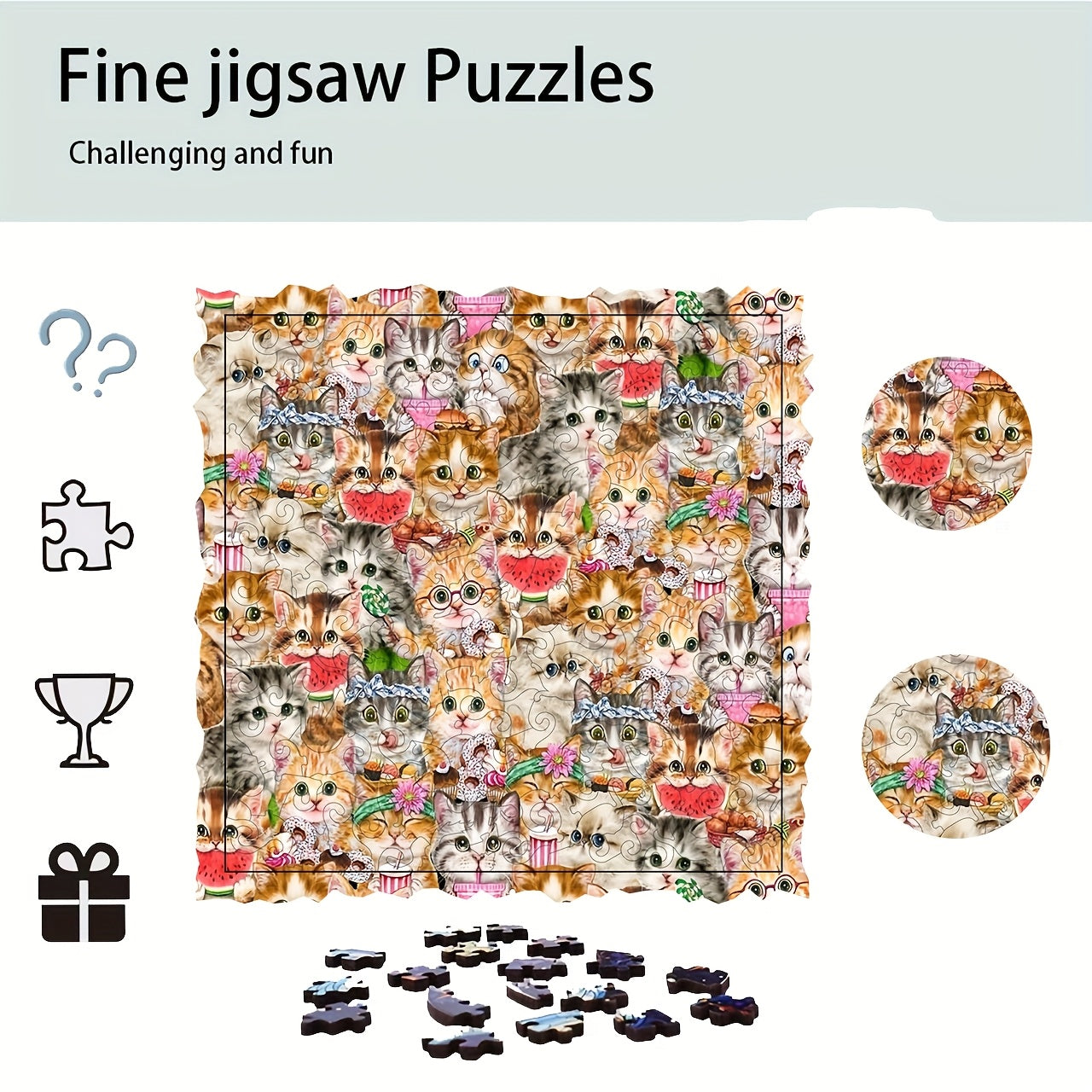 Watermelon Cat Wood Puzzle 5.78in DIY Artistic Jigsaw Birthday Halloween Gift