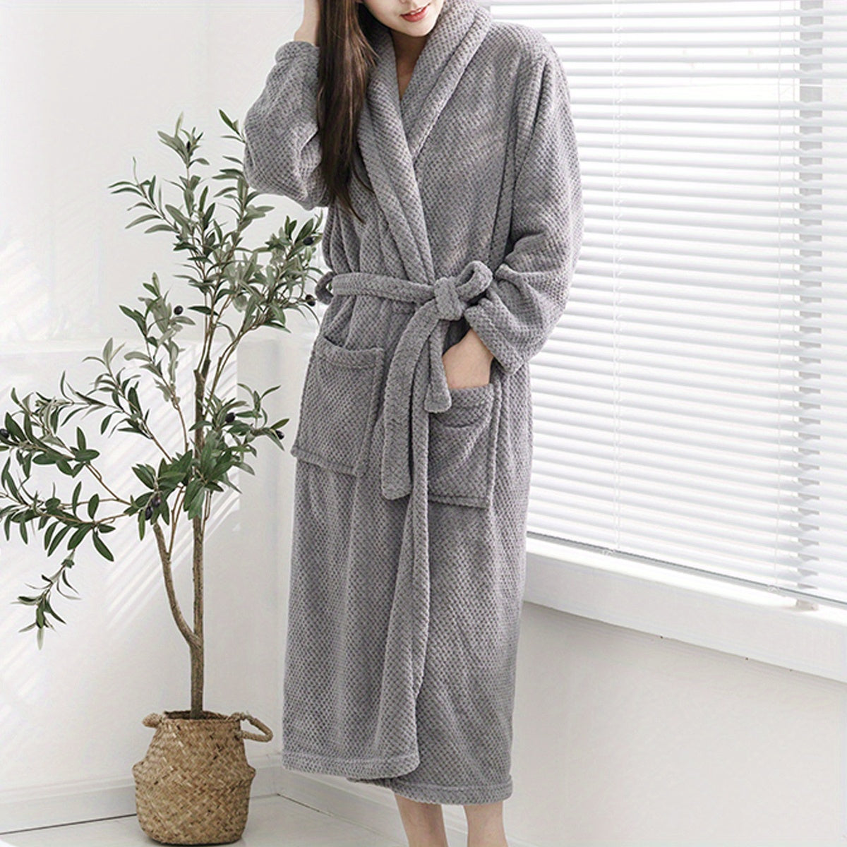 Women's Thick Long Sleeve Bathrobe Soft Absorbent Wrap Towel Long Robe