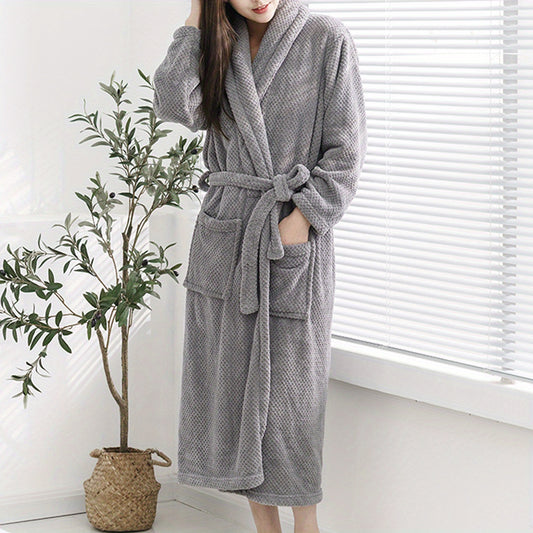Women's Thick Long Sleeve Bathrobe Soft Absorbent Wrap Towel Long Robe