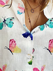  Butterfly Print Button Up Long Sleeve Blouse