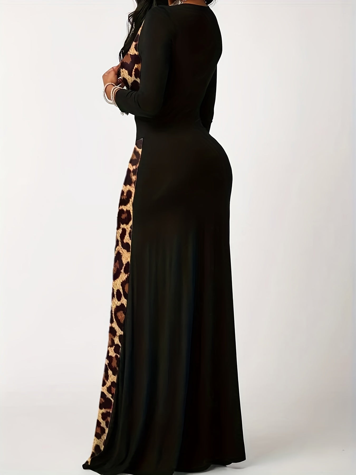 Colorblock Leopard Print V Neck Maxi Dress