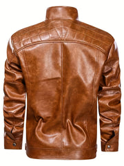 Men's Solid PU Zip Jacket Stand Collar