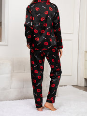 Lips Print Pajama Set Long Sleeve Top & Pants Women's Sleepwear
