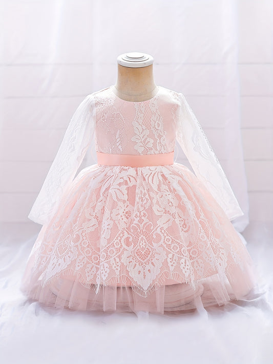 Girls Lace Floral Gown Princess Dress Long Sleeve Mesh Tutu Dress