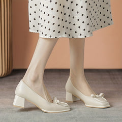 Chunky Mid Heel Square Toe Slip-On Shoes with Bow French Style Pumps