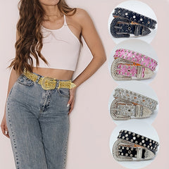 Rhinestone PU Leather Belt Y2K Glitter Hip Hop Gothic Jeans Pants Belt