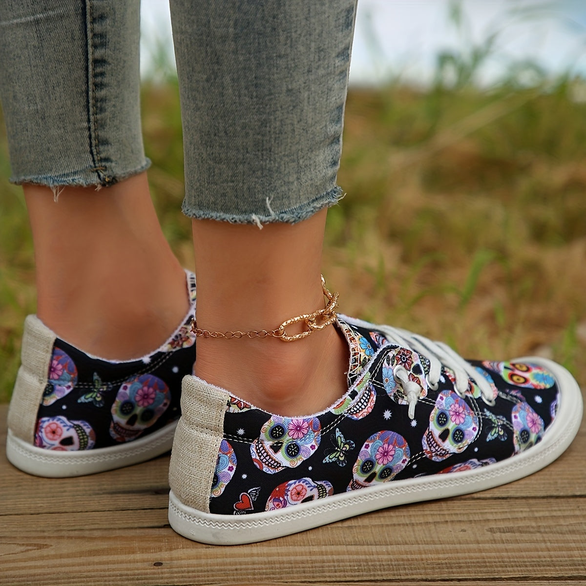 Women's Halloween Skull Canvas Sneakers Low Top Casual Walking Shoes