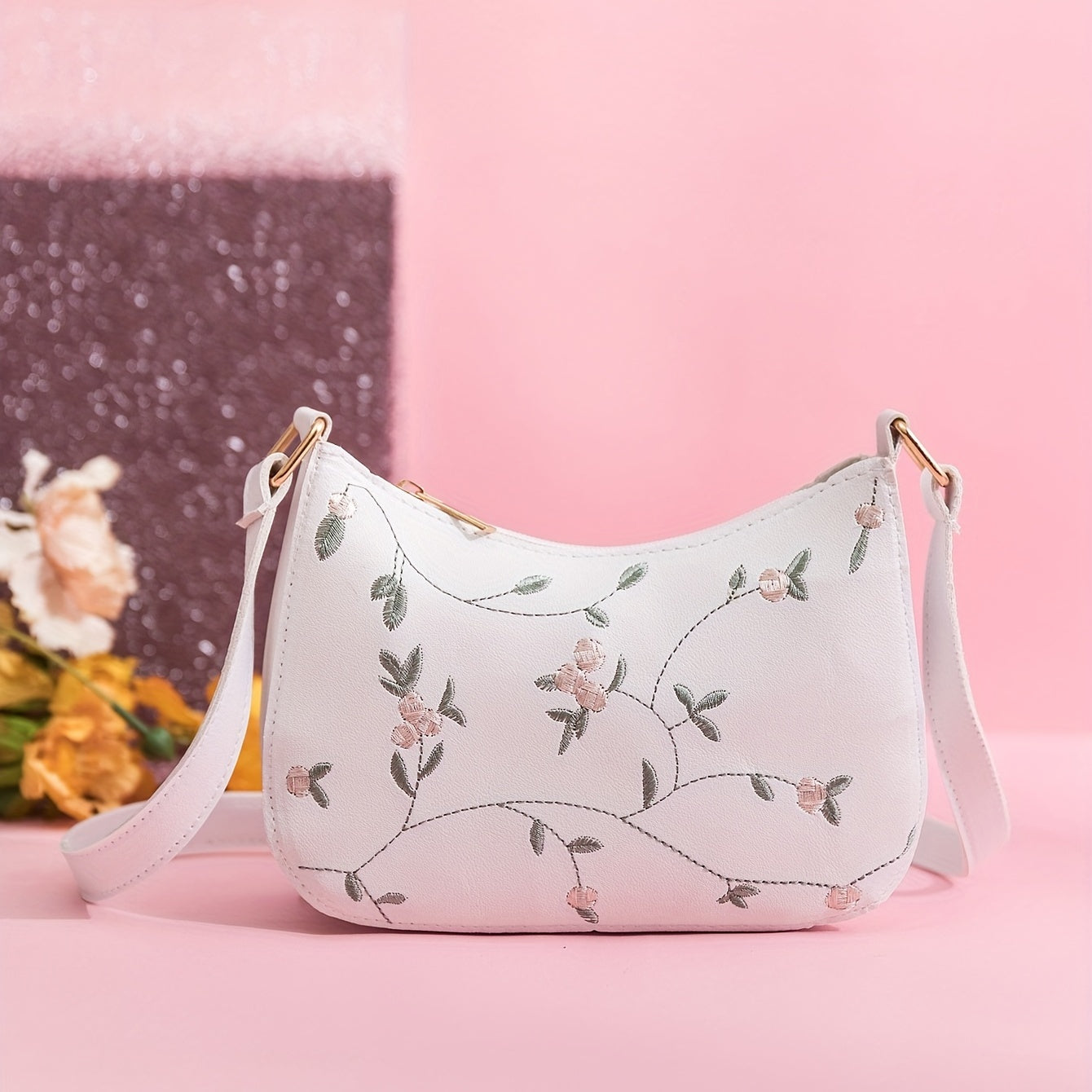 Flower Embroidered Shoulder Bag Zipper Stylish Baguette Bag