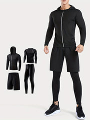 Men's Thermal Underwear Set Hooded Jacket T Shirt Shorts Leggings