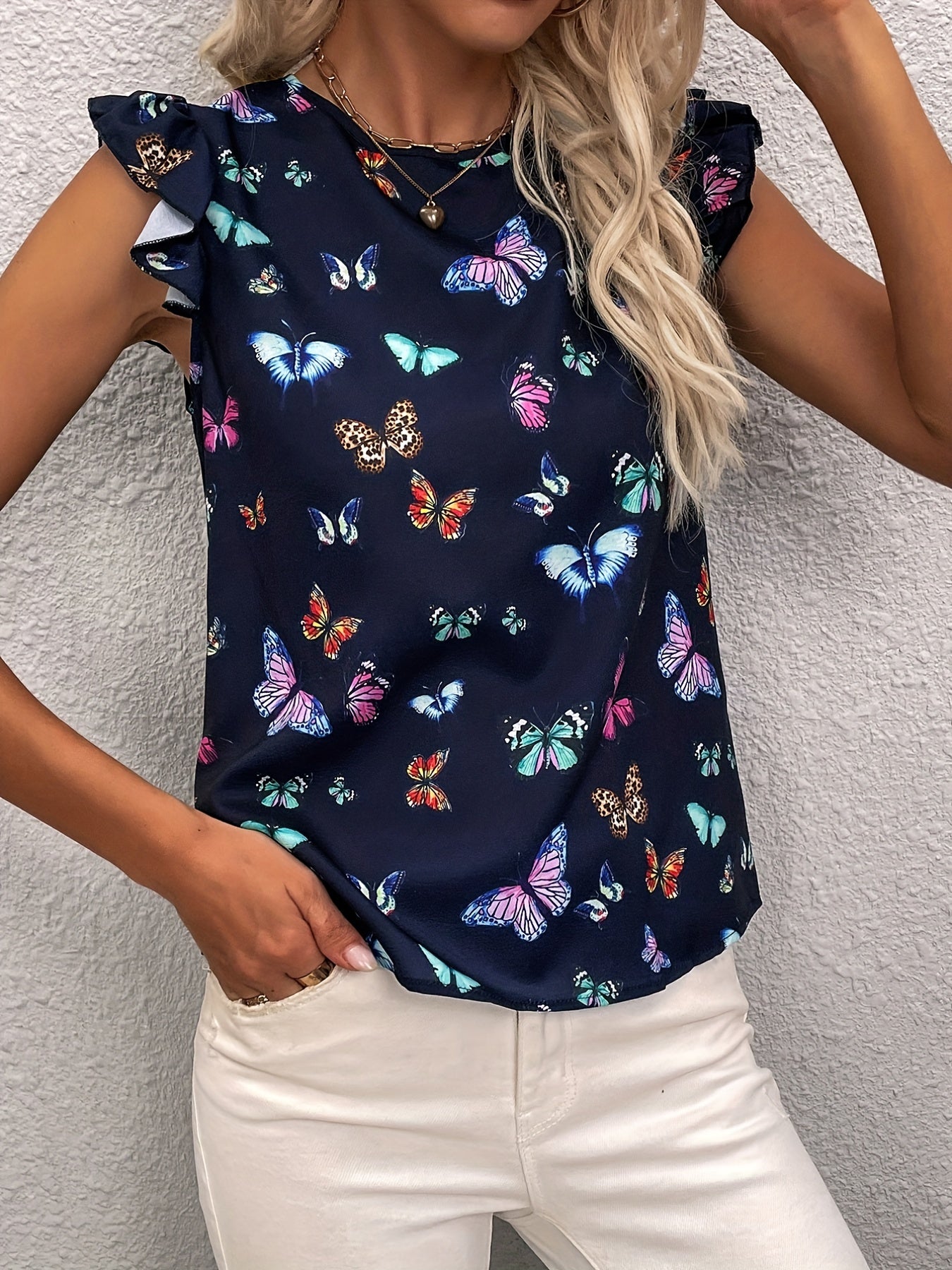  Women's Butterfly Print Sleeve Top