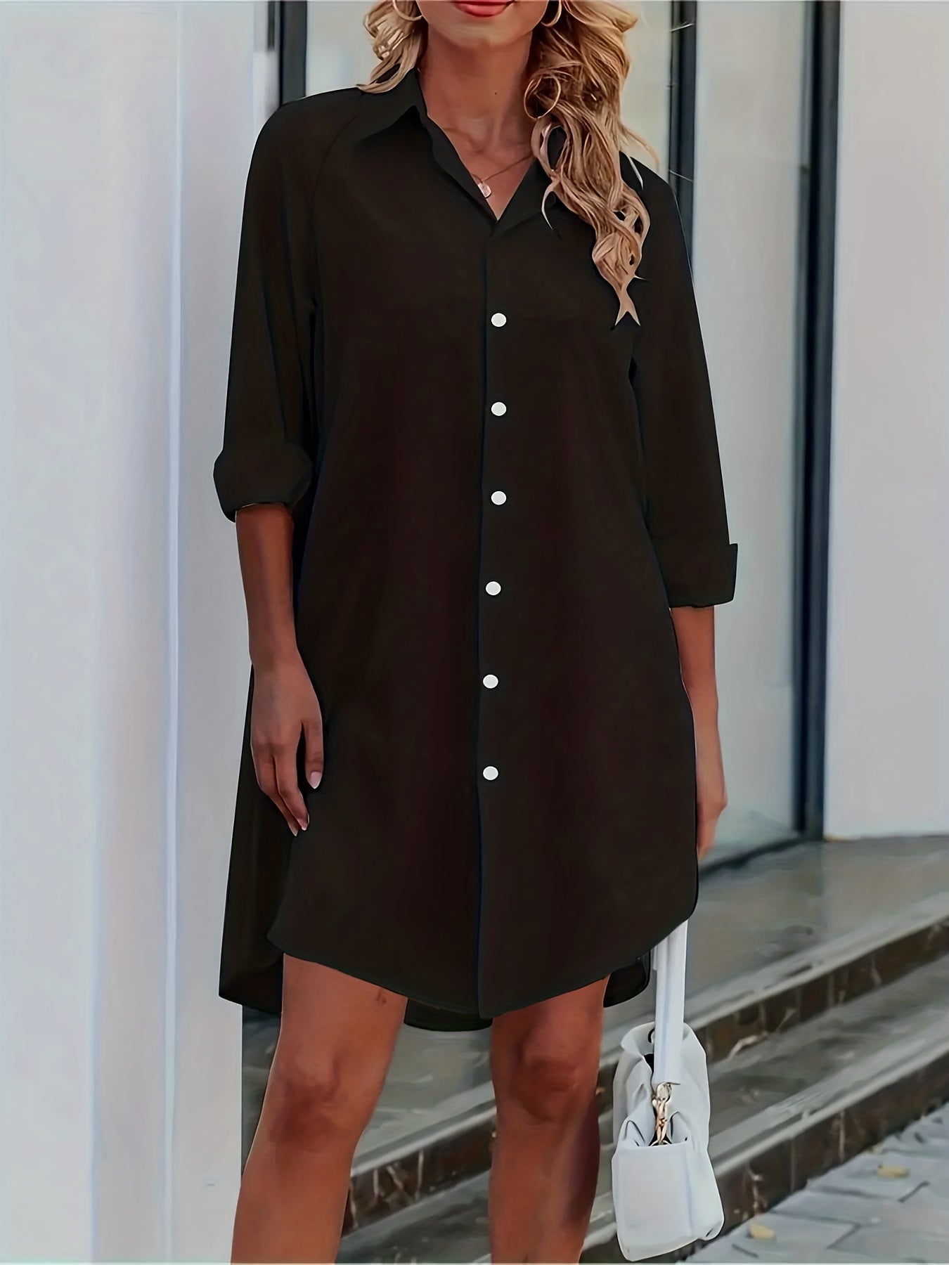 Sexy Button Front Shirt Dress Solid Color Turn Down Collar