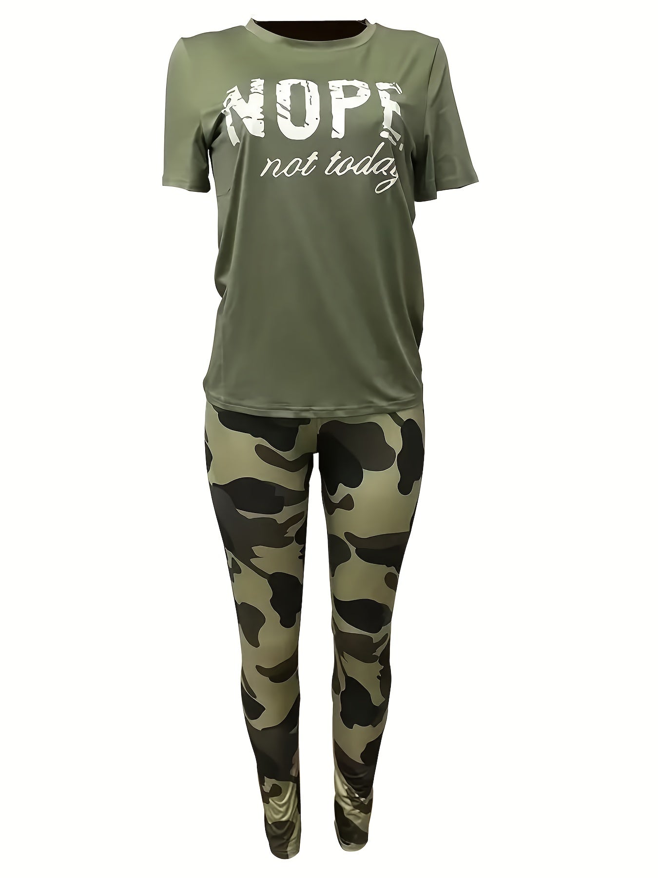  Casual Outfits Set Women's Plus Letter Print Top & Camo Leggings