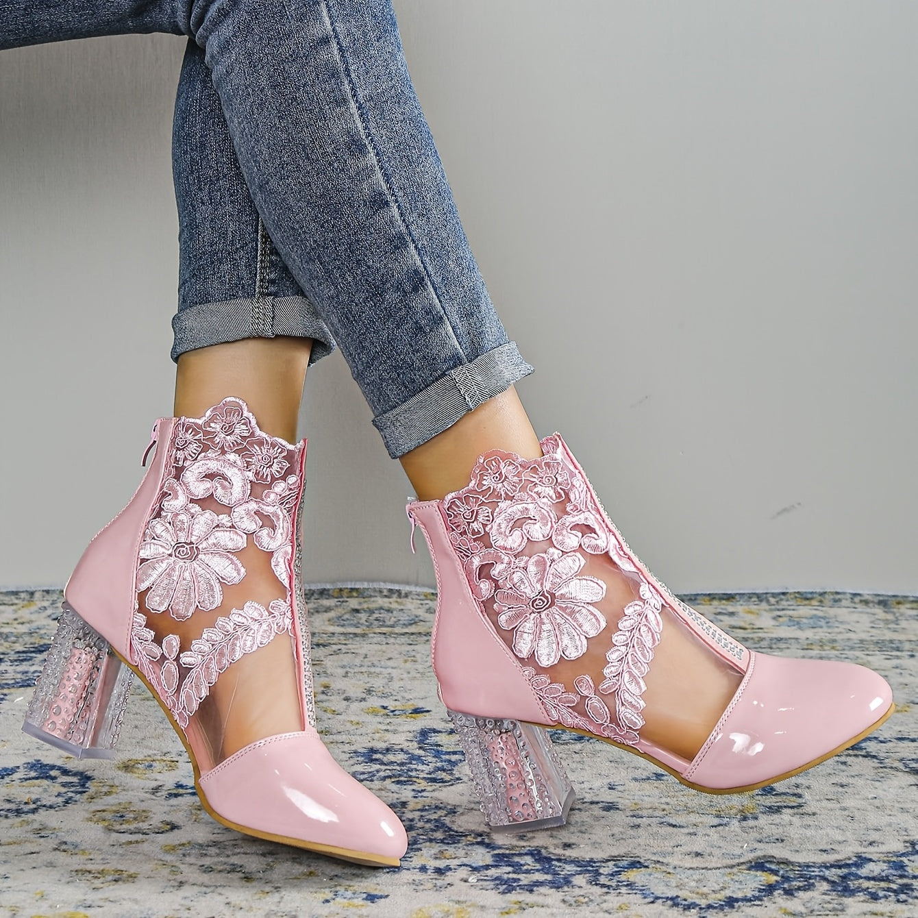 Pink Flower Lace Ankle Boots with Clear Heel