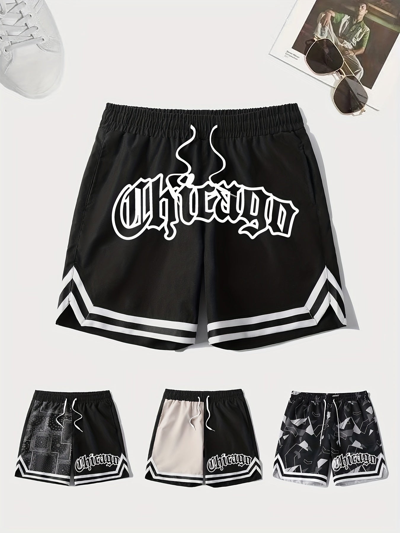 Chevron Print Drawstring Shorts Men's Casual Waist Gym Workout Training