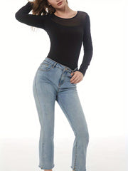 Contrast Mesh Solid Bodysuit Long Sleeve Sexy Slim Bodysuit