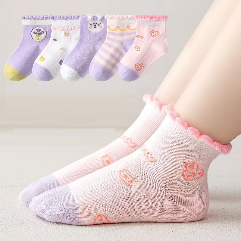 Girls Ruffled Flower Print Knit Socks Cartoon Mesh Breathable Socks