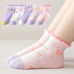 Girls Ruffled Flower Print Knit Socks Cartoon Mesh Breathable Socks
