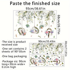 2pcs Flower Vine Tree Branches And Birds Wall Stickers Self Adhesive Decor