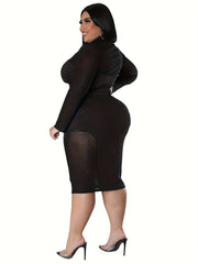  Sexy Contrast Mesh Long Sleeve Bodycon Midi Dress