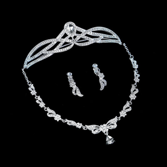 3PCS Wedding Necklace Earrings Crown Set Bridal Jewelry