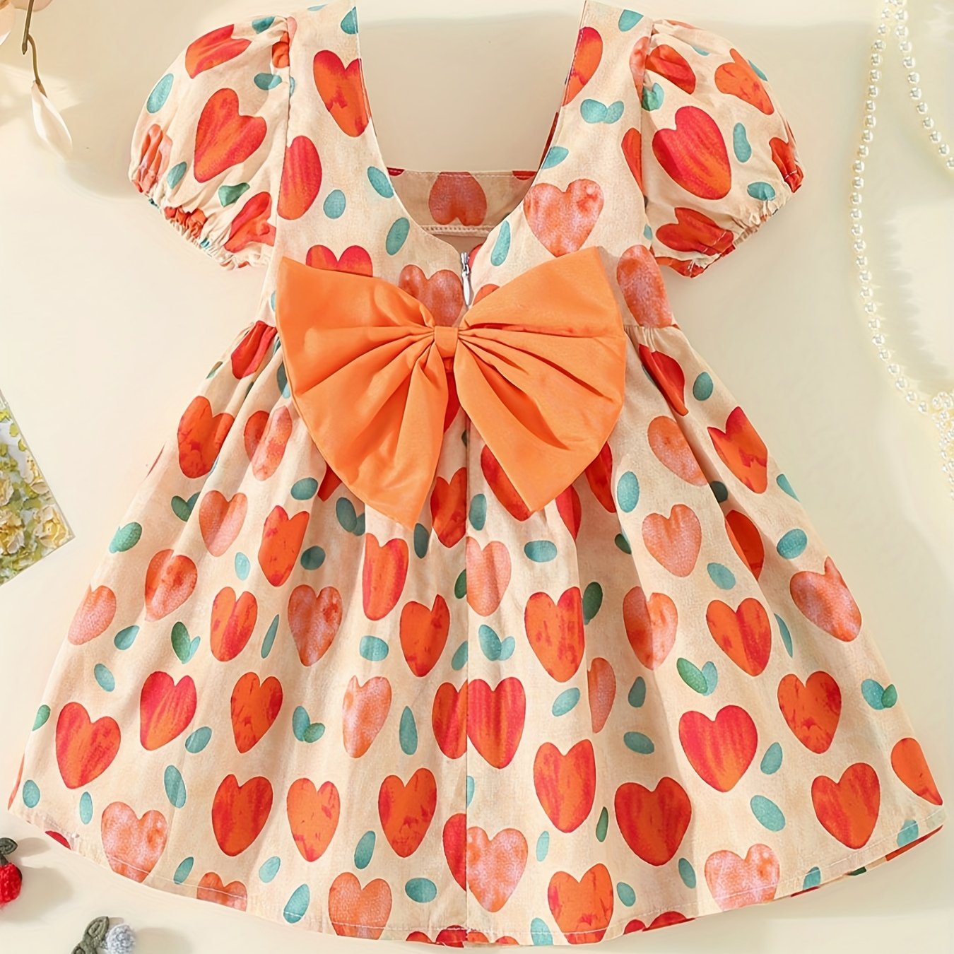 Girl's Heart Print Princess Dress with Puffy Sleeves & Big Bow