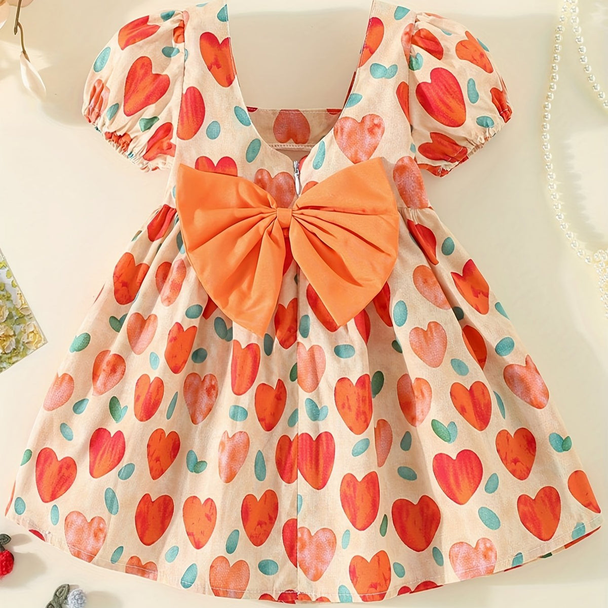 Girl's Heart Print Princess Dress with Puffy Sleeves & Big Bow