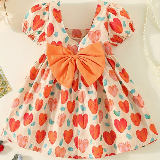 Girl's Heart Print Princess Dress with Puffy Sleeves & Big Bow