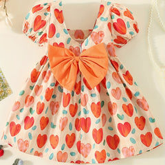 Girl's Heart Print Princess Dress with Puffy Sleeves & Big Bow