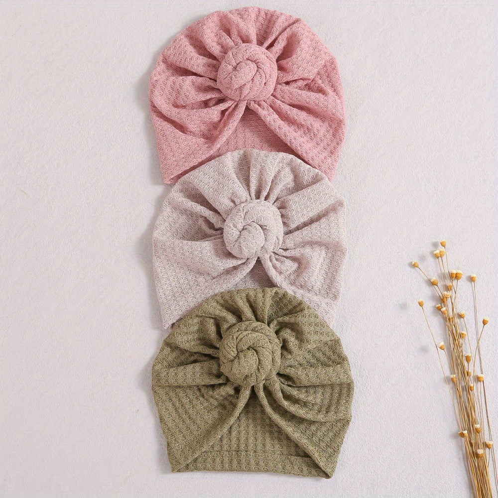 3pcs Knitted Waffle Baby Pullover Hat With Rose Circle Fetal
