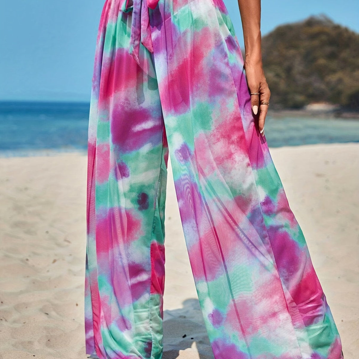 Print Cover Up Pants Wide Legs Semi Sheer Beachwear Trousers