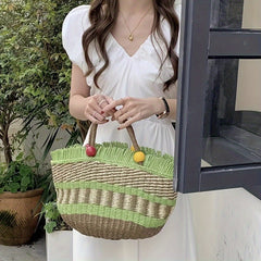 Beaded Straw Handheld Basket Bag with Tassels