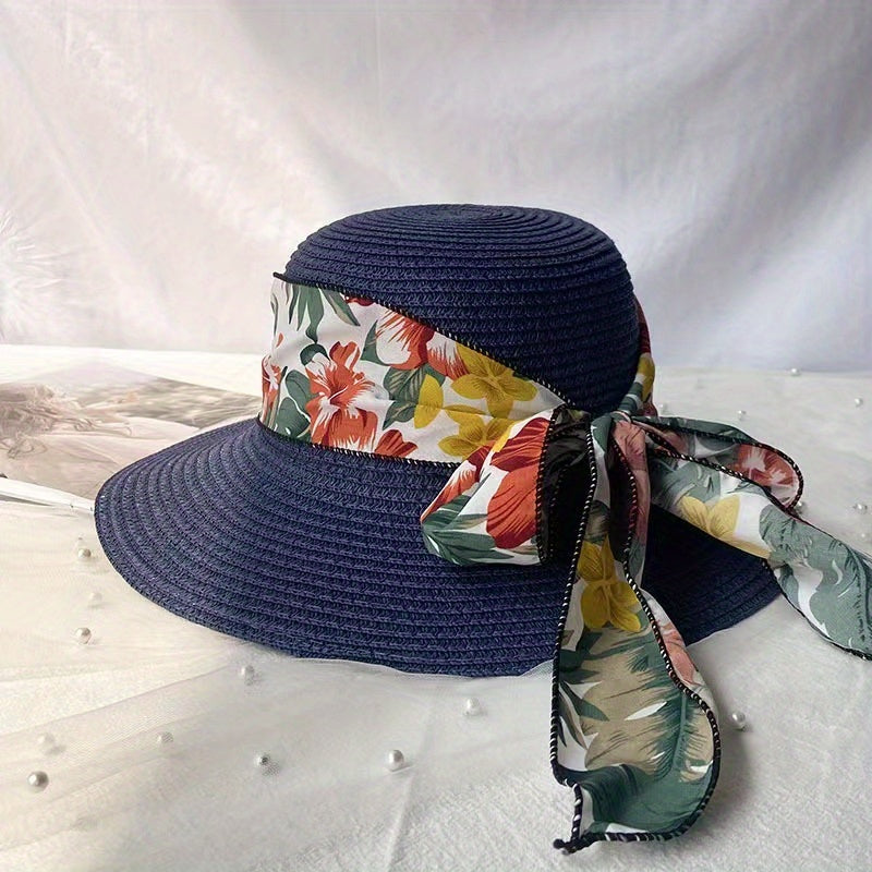 Wide Brim Sun Hat Flower Print Ribbon Bowknot Decor Travel Beach Hats UV Protect