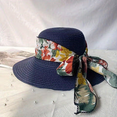 Wide Brim Sun Hat Flower Print Ribbon Bowknot Decor Travel Beach Hats UV Protect