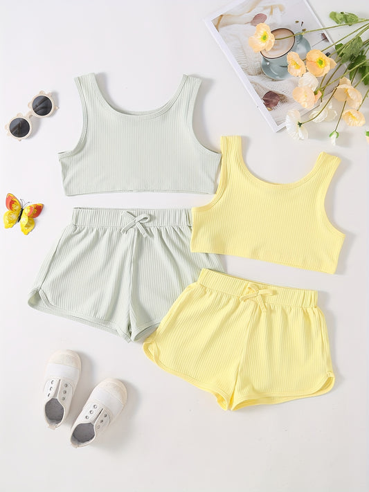 Girls Ribbed Knit Crop Tank Top & Shorts Set