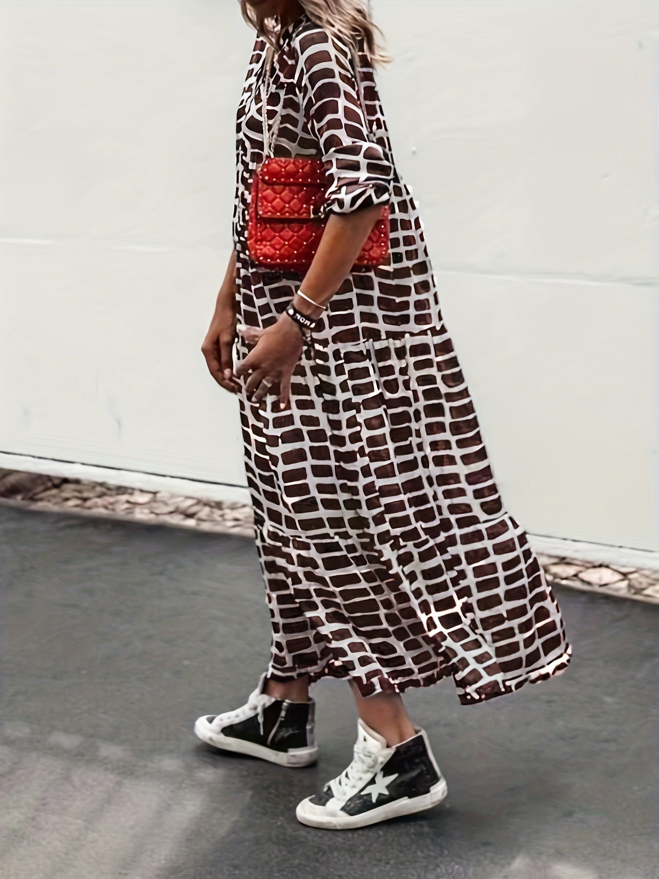  Colorblock Geometric Print Maxi Dress