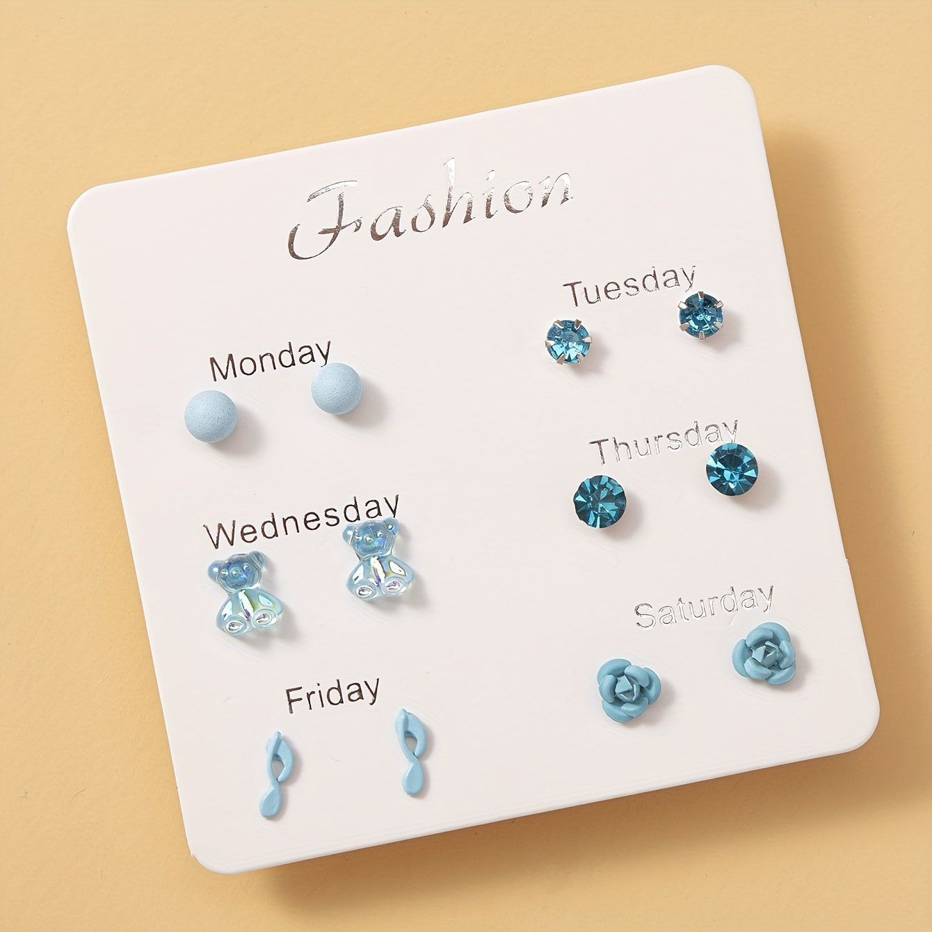 6 Pairs Ladies Bear Flower Music Symbol Stud Earrings Set