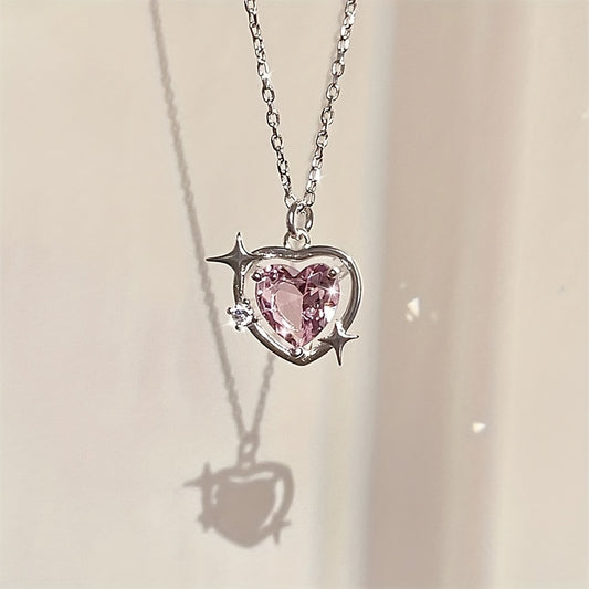 Y2K Love Heart Pendant Necklace Pink Crystal Punk Clavicle Chain