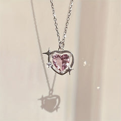 Y2K Love Heart Pendant Necklace Pink Crystal Punk Clavicle Chain