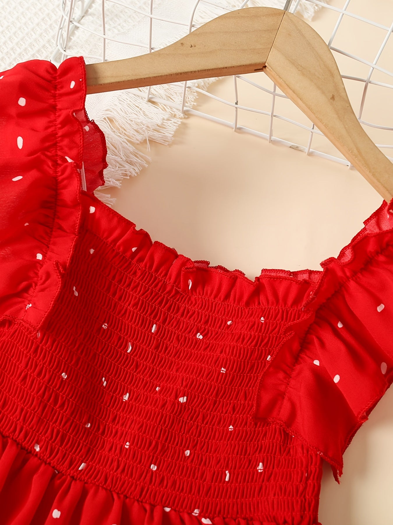 Girls Ruffle Sleeve Square Neck Polka Dot Print Red Dress