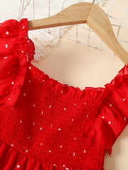 Girls Ruffle Sleeve Square Neck Polka Dot Print Red Dress