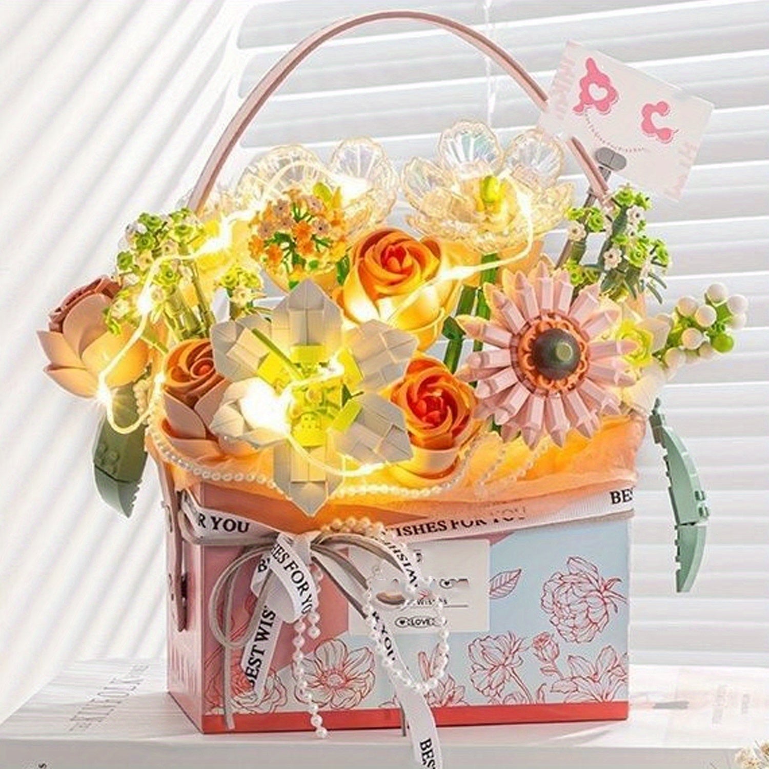 1212pcs Flower Bouquet Block Set with Light Strips DIY Decoration