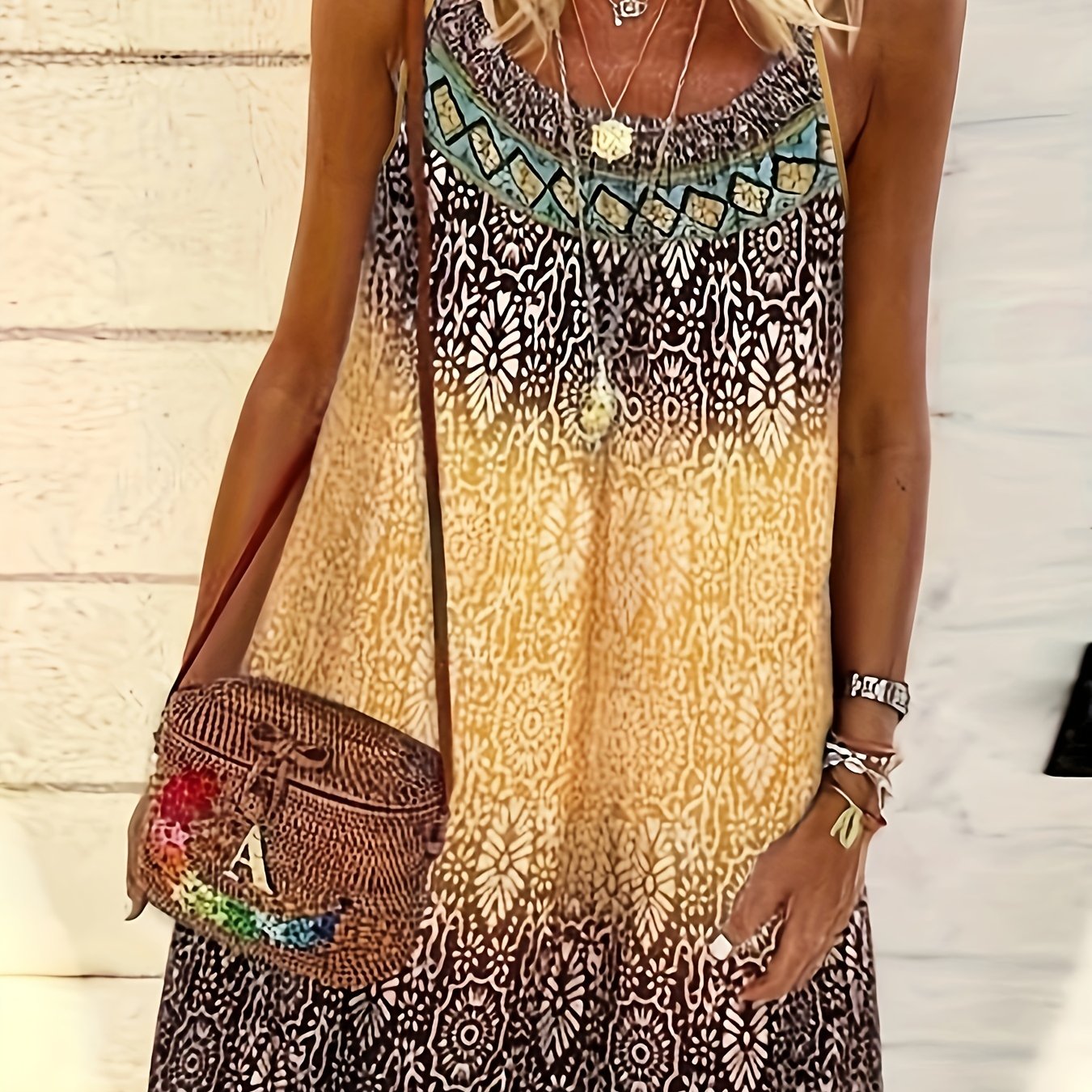 Plus Size Retro Dress Women's Plus Tile Print Halter Neck Slight Stretch Dress