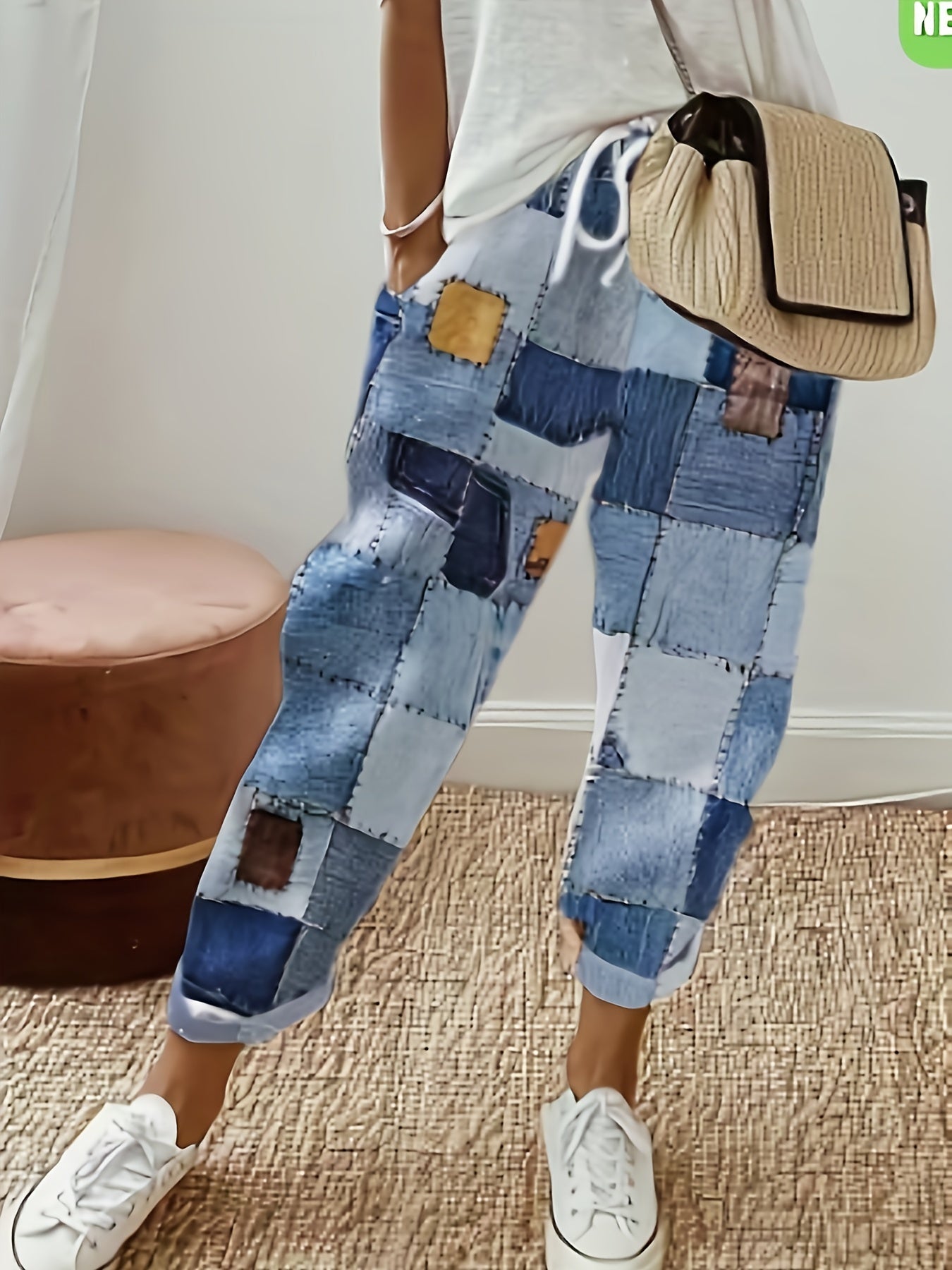  Denim Print Drawstring Trousers With Pockets