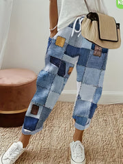  Denim Print Drawstring Trousers With Pockets