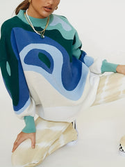  Abstract Print Long Sleeve Mock Neck Sweater