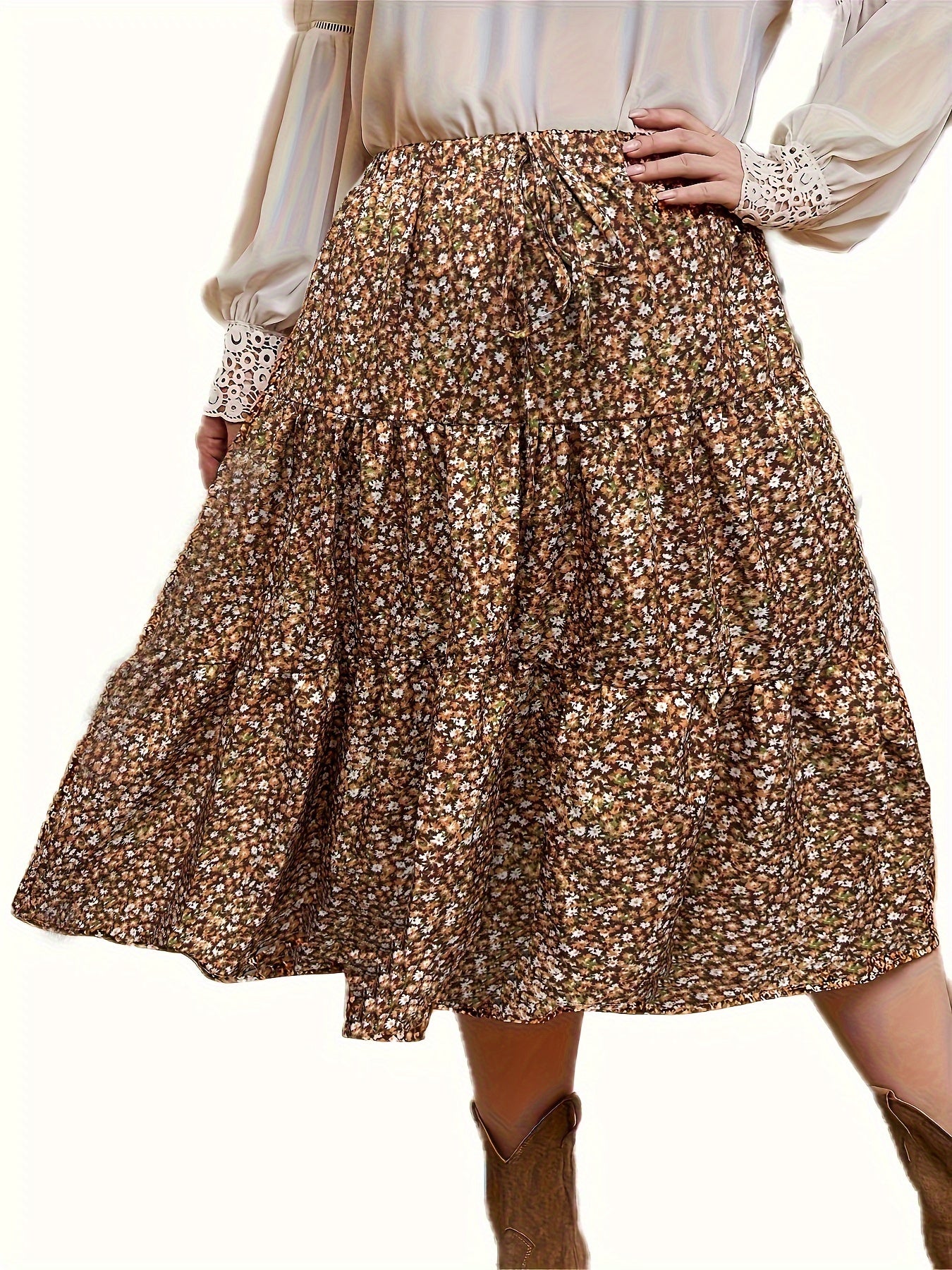  Boho Skirt Women's Plus Allover Ditsy Print Midi Smock Skirt