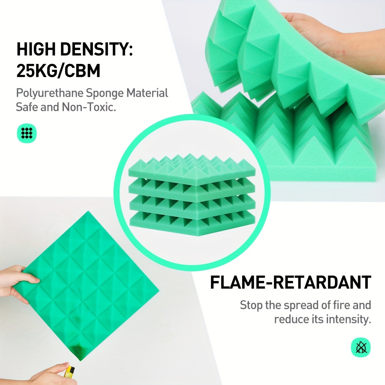 12pcs Green Pyramid Sound Insulation Cotton High Density Fireproof Material