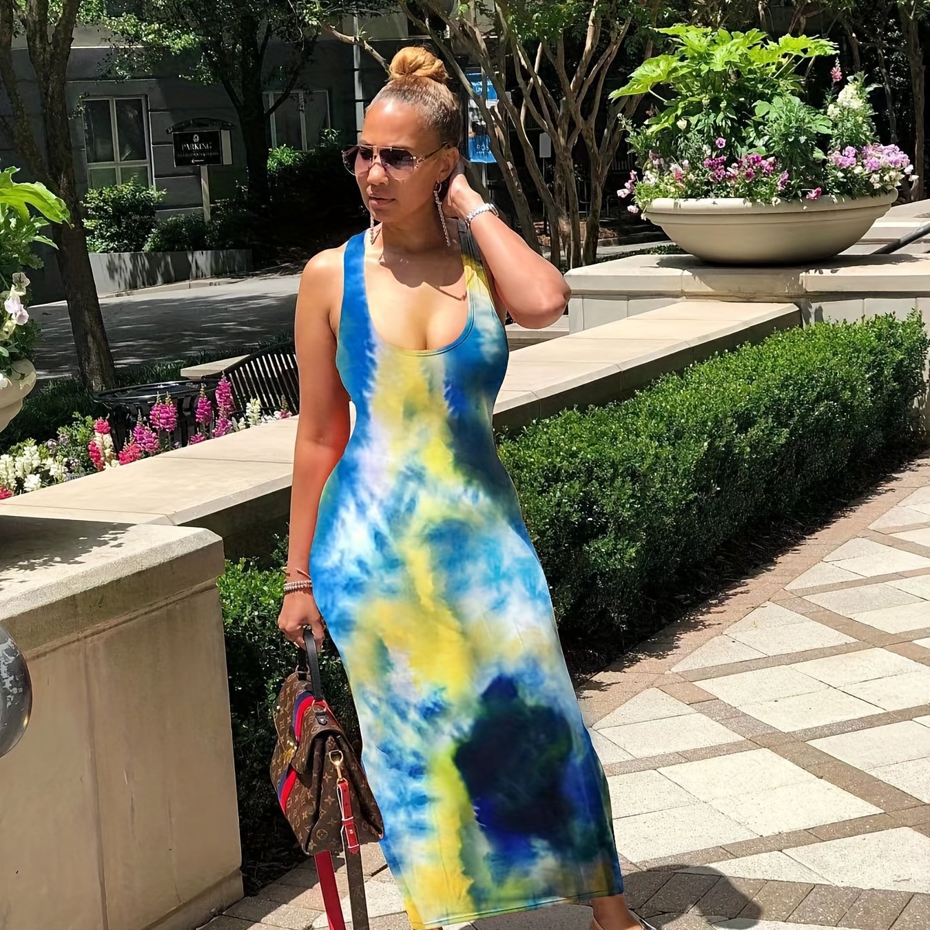 Tie Dye Maxi Dress Scoop Neck Medium Stretch Slim Fit