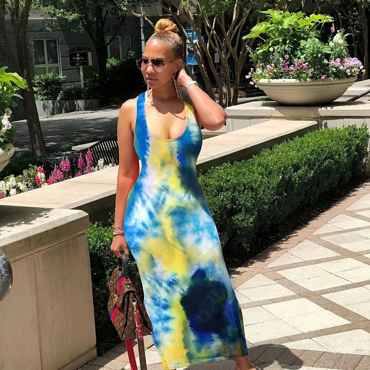  Tie Dye Maxi Dress Scoop Neck Medium Stretch Slim Fit