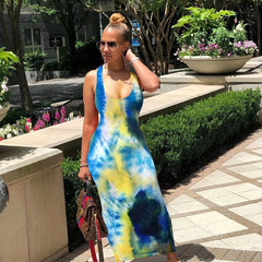  Tie Dye Maxi Dress Scoop Neck Medium Stretch Slim Fit